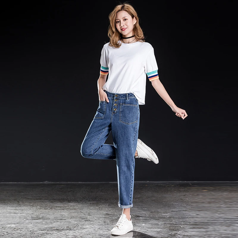 Cuffs Harem Jeans High Waist Boyfriend Denim Loose Mom Ankle Length Pants Female Four Button Fashionable Blue Large Size | Женская