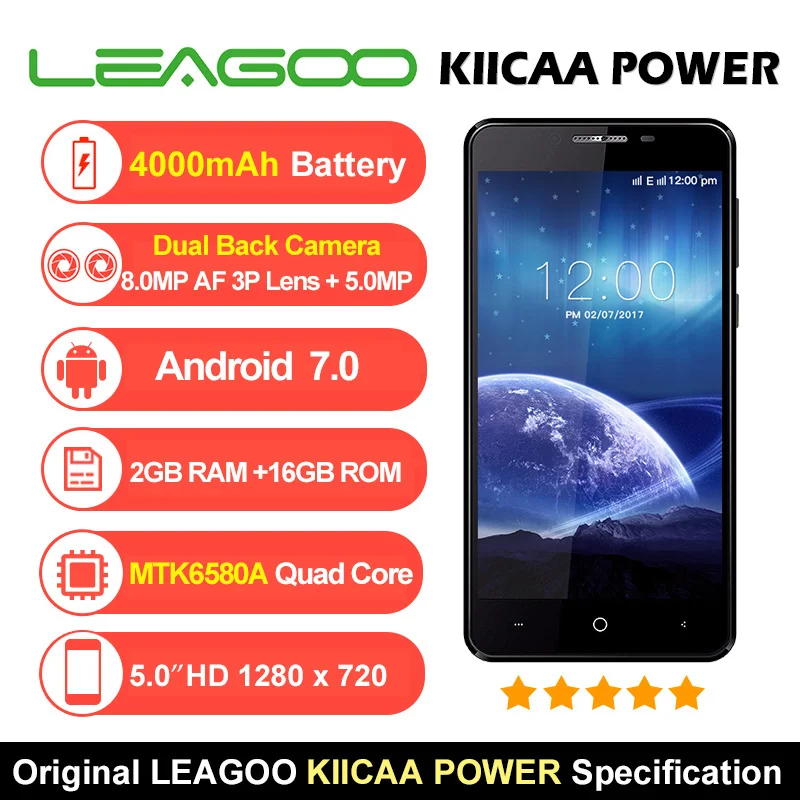 Leagoo Kiicaa Мощность двойная задняя Cam 4000 мАч 4 ядра мобильный телефон Android 7 0 2 ГБ