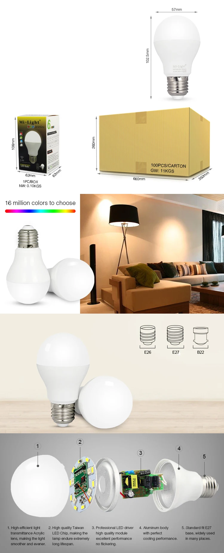 Miboxer E27 6 Вт RGB+ CCT светодиодный лампы AC86-265V; FUT089 8-зона RGB+ CCT пульт дистанционного управления