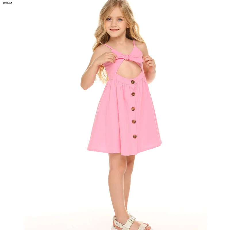 Summer Dress For Kid Girls Sleeveless A-line Princess Casual Irregular Spaghetti Strap Bow-Knot Backless Button | Детская одежда и