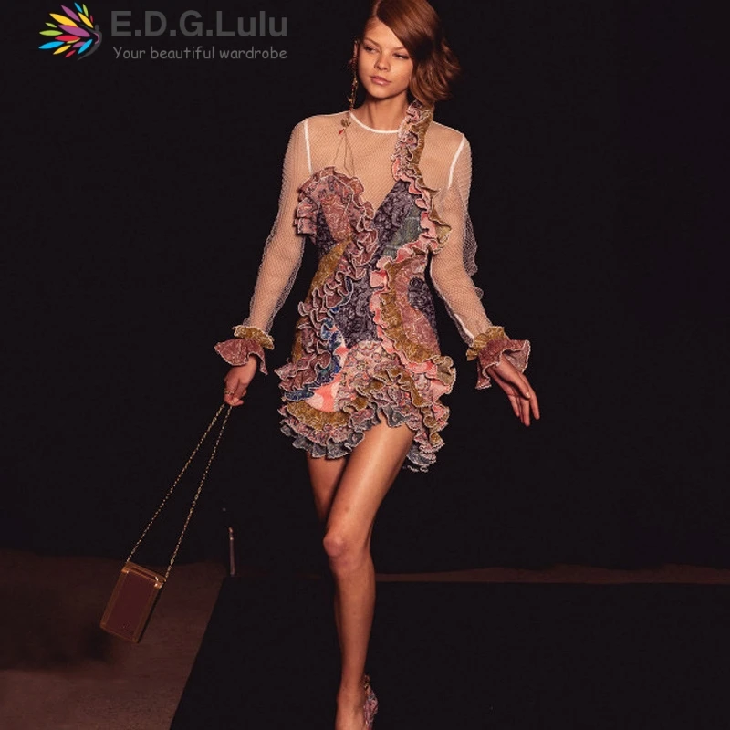 EDGLulu white lace dress runway summer high quality ruffle long sleeve bodycon dress