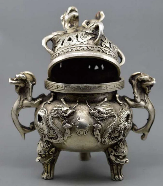 WBY---607+++Chinese buddhist manual old silver copper dragon lion statues incense burner |
