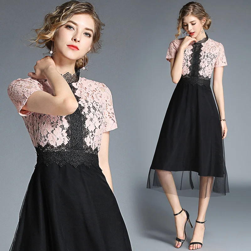 Женское платье с бантом и стоячим воротником кружевное Сетчатое длинное