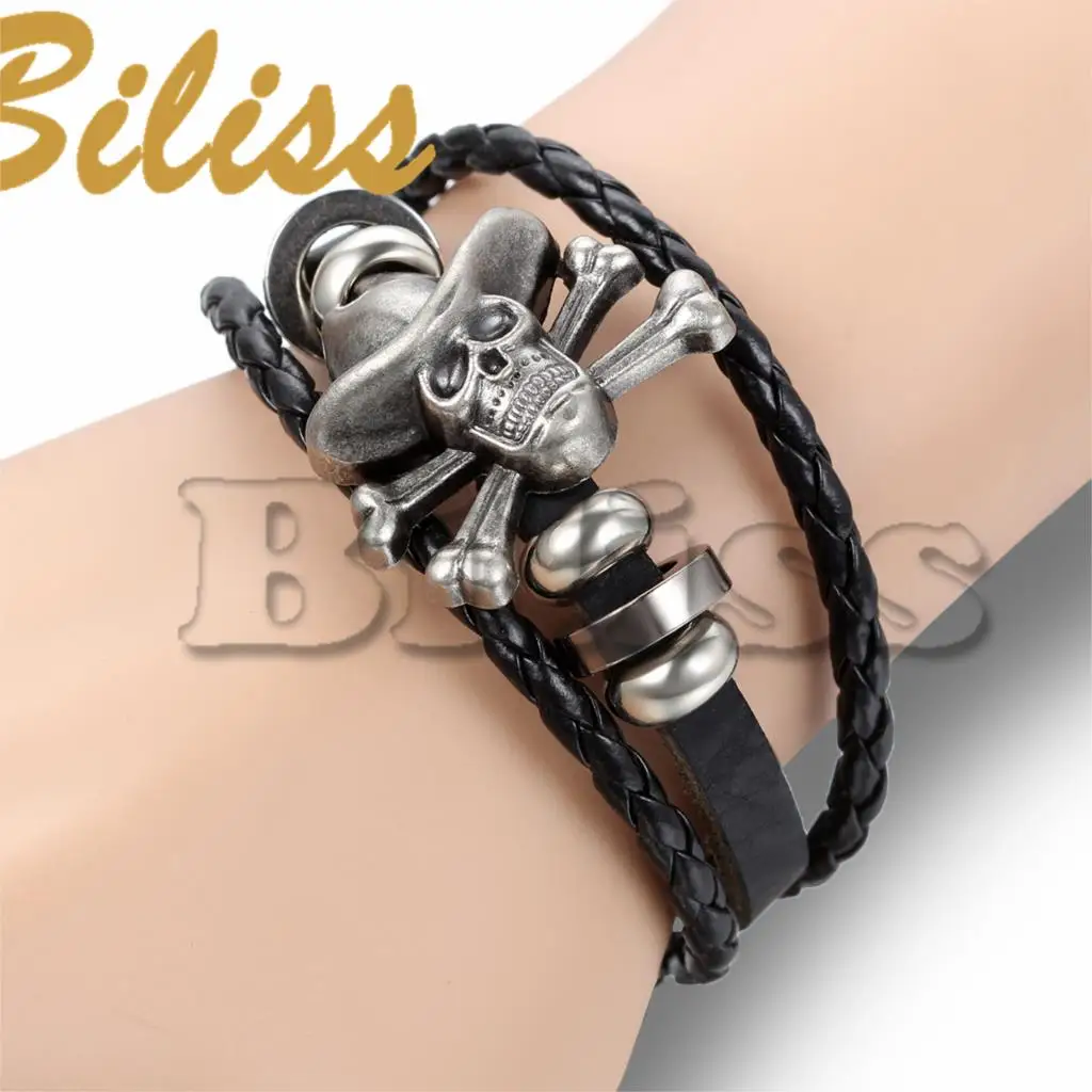 Винтажные мужские ювелирные изделия 21 5 см черные кожаные браслеты с черепом для