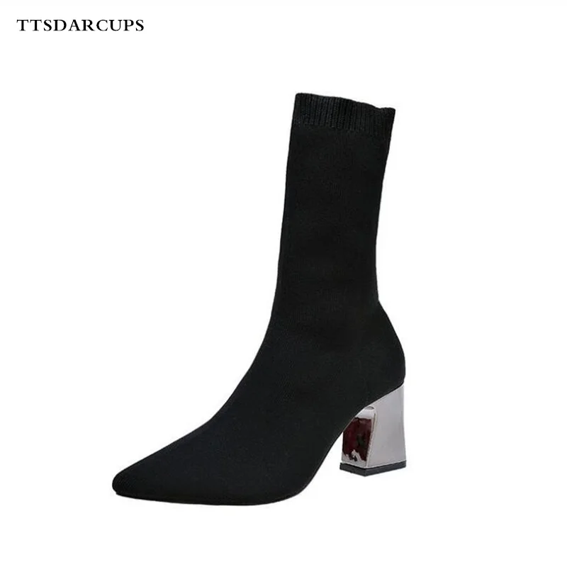 

shoes woman New European and American Knitted Elastic Socks and Boots High-heeled mid-boots with sharp toes thick heels wom