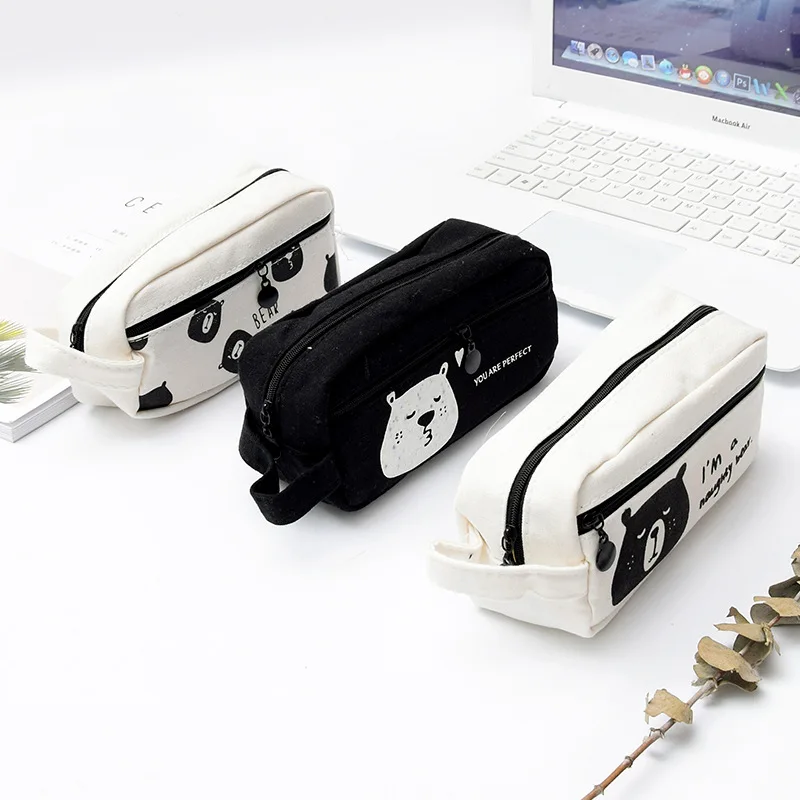 Милый чехол для карандашей с рисунком медведя из мультфильма Kawai, большие черные холщовые школьные сумки, пенал для девочек и мальчиков, Bts, корейские канцелярские принадлежности