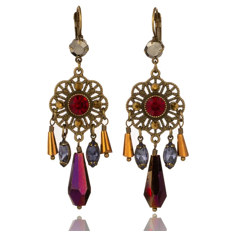 E021592 Bohemia Hollow flower Long Dangle Earring for women Vintage Long tassel Crystal Wood bird Women's earrings jewelry - Окраска металла: E021592