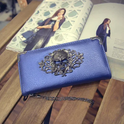 new European and American tide metal deer head wallet female long multi-card student zipper handkerchief coin purse 064 - Цвет: skull  blue