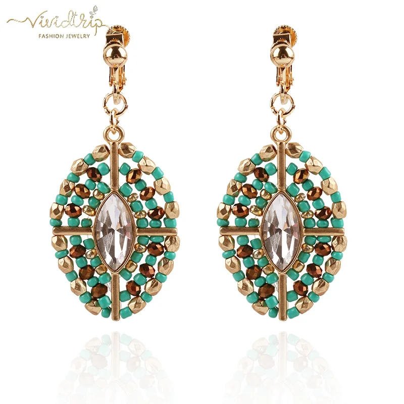

Fashion Bohemian Unique Navettes Crystal Stone Matte Gold Color Clip On Earrings Without Piercing For Women Vintage Jewelry