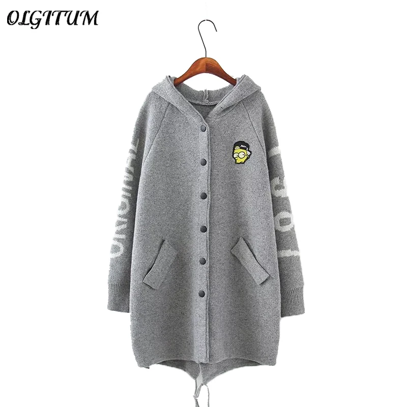 OLGITUM 2019 new Cardigan Sweater loose coat Cartoon embroidery hooded knitted sweatersfor Wome Fall Warm Thick Poncho Jacket |