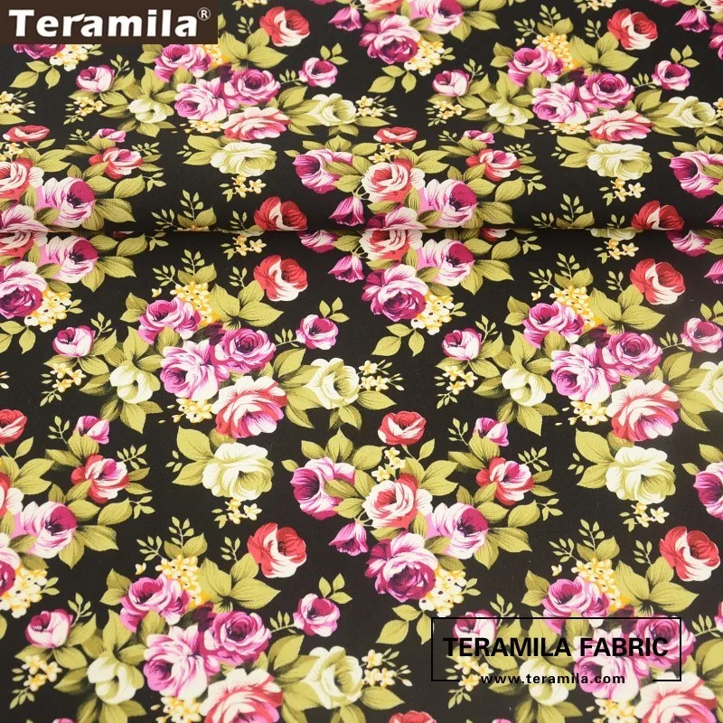 Ткань Teramila хлопок поплин черная с цветочным принтом ручная работа|textil decoration|cotton