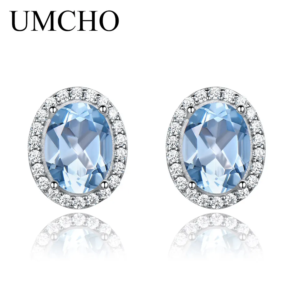 UMCHO 925 пробы серебряные ювелирные изделия, создан Овальный Небесно голубой топаз серьги гвоздики для женщин юбилей романтические подарки хорошее ювелирное изделие