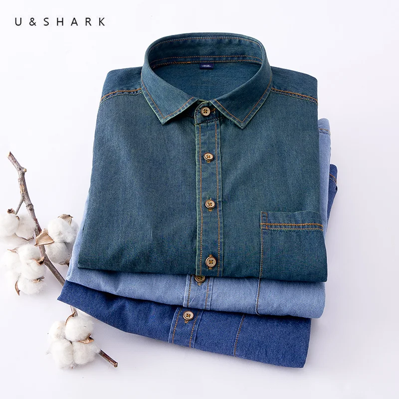 

U&SHARK Blue Denim Shirt for Men Casual Cowboy Shirts Cotton Long Sleeve Vintage Shirt Male Clothing Fashion Stylish Chambray