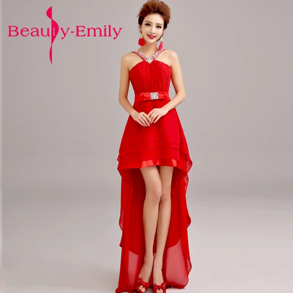 Красные вечерние платья Beauty Emily элегантные а силуэта с высоким и низким вырезом