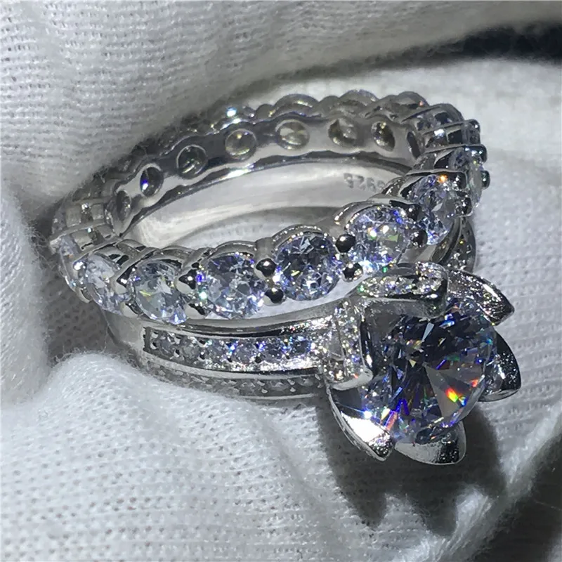 

Lovers Promise Flower Jewelry 925 Sterling silver ring 3ct 5A Cz Sona Stone Engagement Wedding Band Rings for Women Bridal Sets