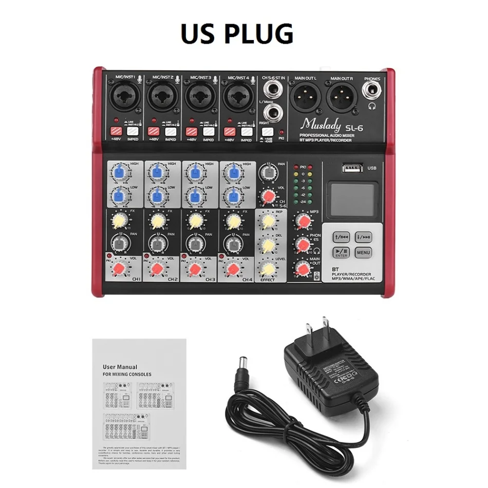 US PLUG Muslady SL-6 6-канальный смешивания консольный микшер 2-полосным эквалайзером встроенный 48V Phantom Мощность поддерживает подключения BT USB MP3 плеер для ди-джей - Цвет: US PLUG
