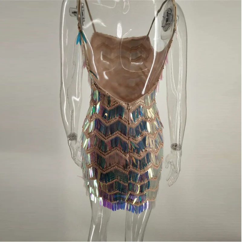 

Summer Sequin Dress Women's Sexy Leaves Sequined Bodycon Mini Party Dress Sleeveless Glitter Night Club Dress