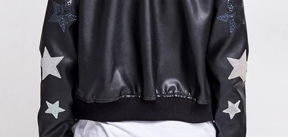 2017 Весна осень модный бренд хорошее качество пайетки звезда узор кожаная куртка