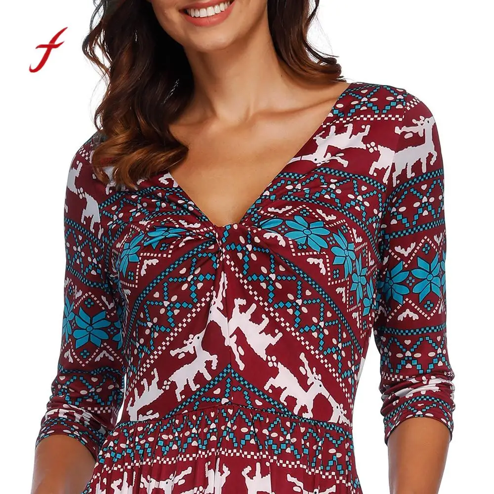 Женское платье 2019 Новое поступление Рождество 3/4 расклешенные рукава принт