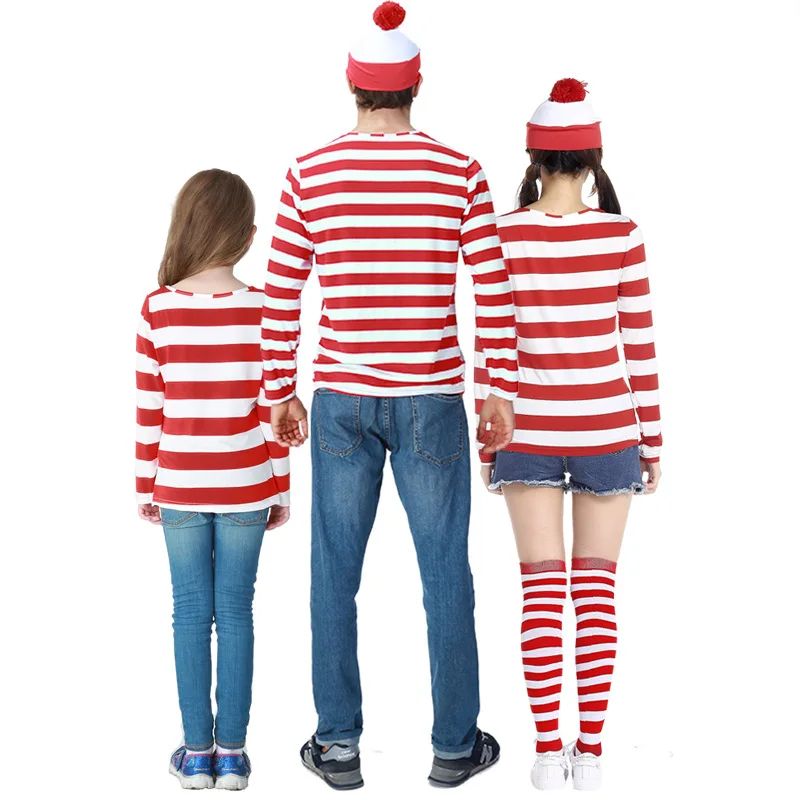 Костюм для косплея Wally Waldo Now красный и белый свитер + шапка очки Хэллоуина