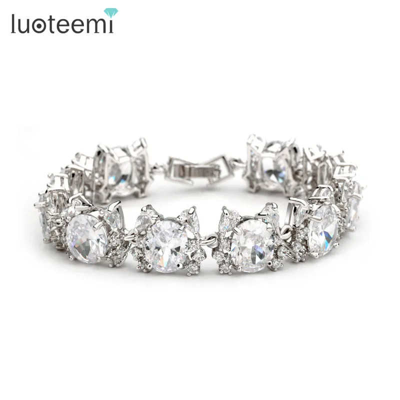 LUOTEEMI роскошный большой тяжелый AAA+ кубический цирконий модный оптовый белый золотой цвет CZ свадебный браслет для женщин