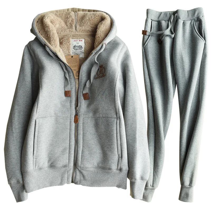 light gray Осенне-зимние женские костюмы плюс кашемировые бархатные теплые плотные толстовки с капюшоном пальто+ брюки комплект из 2 предметов костюм повседневные Костюмы - Цвет: light gray
