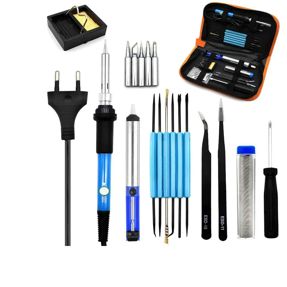 Eu Plug 220v 60w Adjustable Temperature Electric Soldering Iron Kit+5pcs Tips Portable Welding Repair Tool Tweezers Solder Wire |