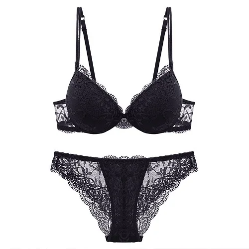 Ladies Secret женский кружевной комплект нижнего белья Пуш-Ап Топ A B C чашка нижнее белье сексуальные трусики с цветочной вышивкой BH - Цвет: Черный