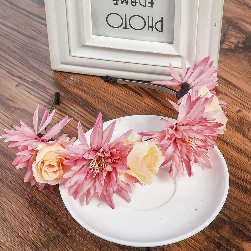 Haimeikang Белый Boho женский цветок повязки для волос праздничные волосы аксессуары диадемы Романтическая Свадебная повязка на голову Гирлянда для девочек головные уборы - Цвет: Розовый