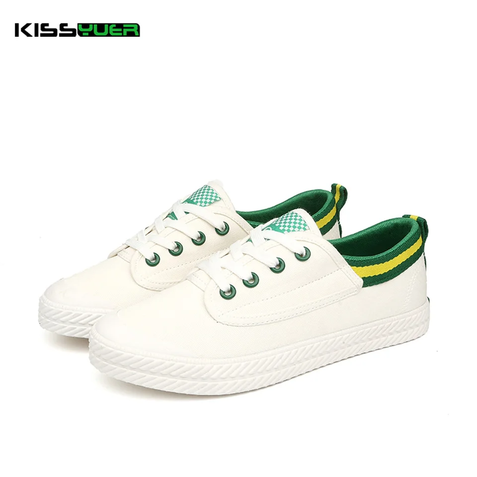 KISSyuer белые зеленые женские холщовые туфли на плоской подошве низкие дышащие