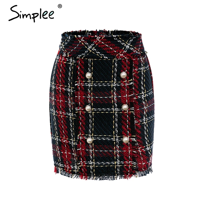 Plaid Женская черная твидовая мини-юбка Simplee, офисные винтажные юбки в клетку A-силуэта, женский низ, юбка с высокой талией для зимы - Цвет: Plaid