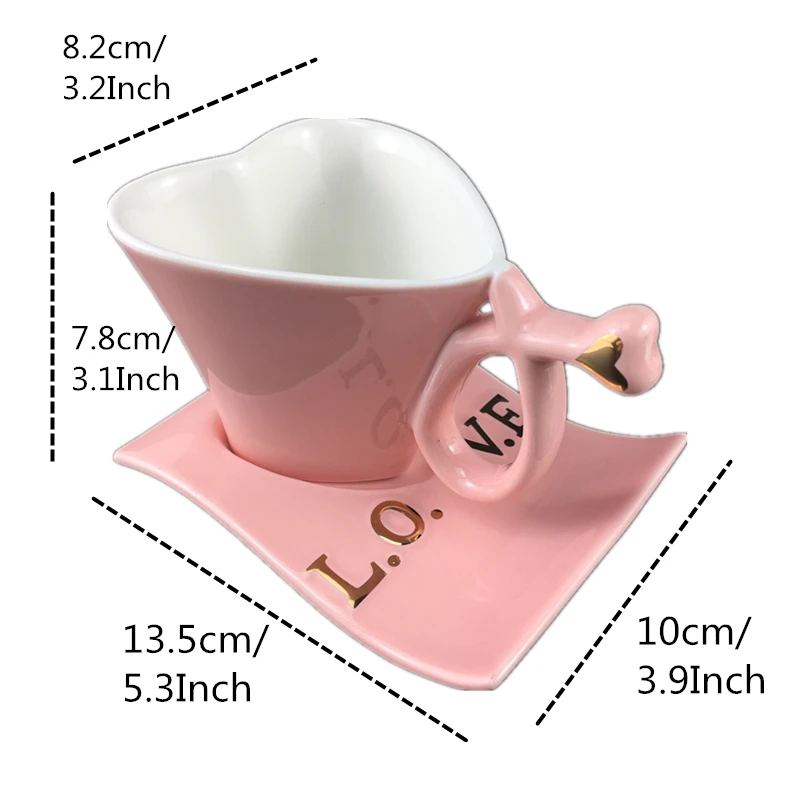 Pink Without Spoon VILEAD, кофейная кружка в форме сердца для влюбленных, модная, керамическая, молочная кружка с тарелкой, для пар, чашка для утреннего чая, для офиса, чашка для воды, подарок для девочек - Цвет: Pink Without Spoon