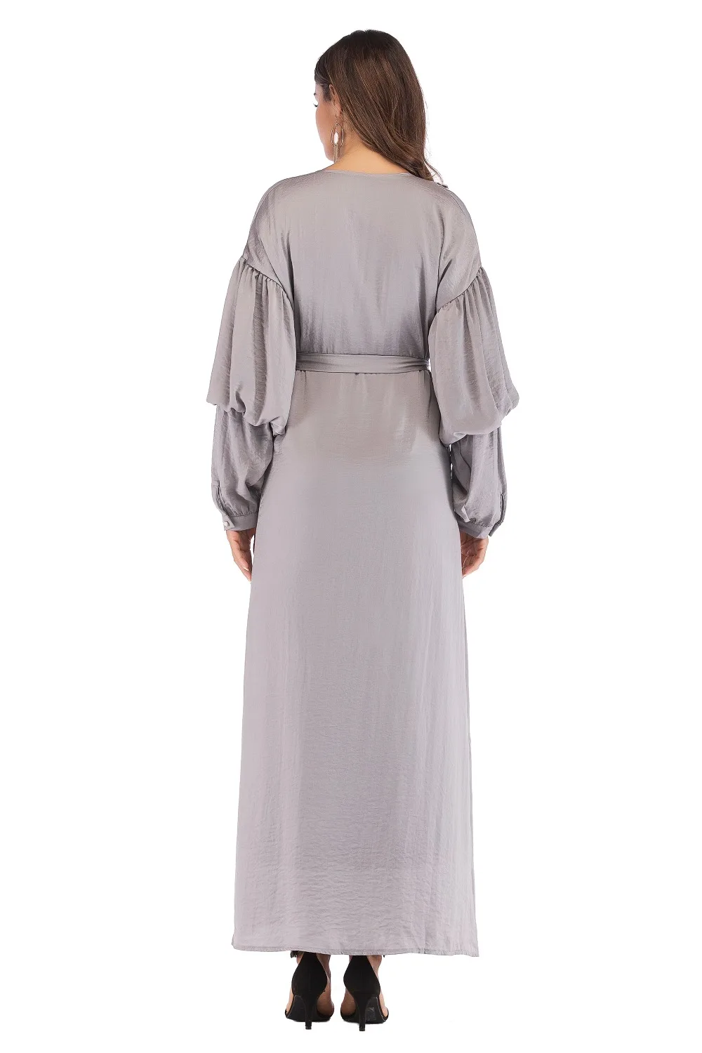 Однотонное серое исламское платье макси с длинным рукавом для мусульманской