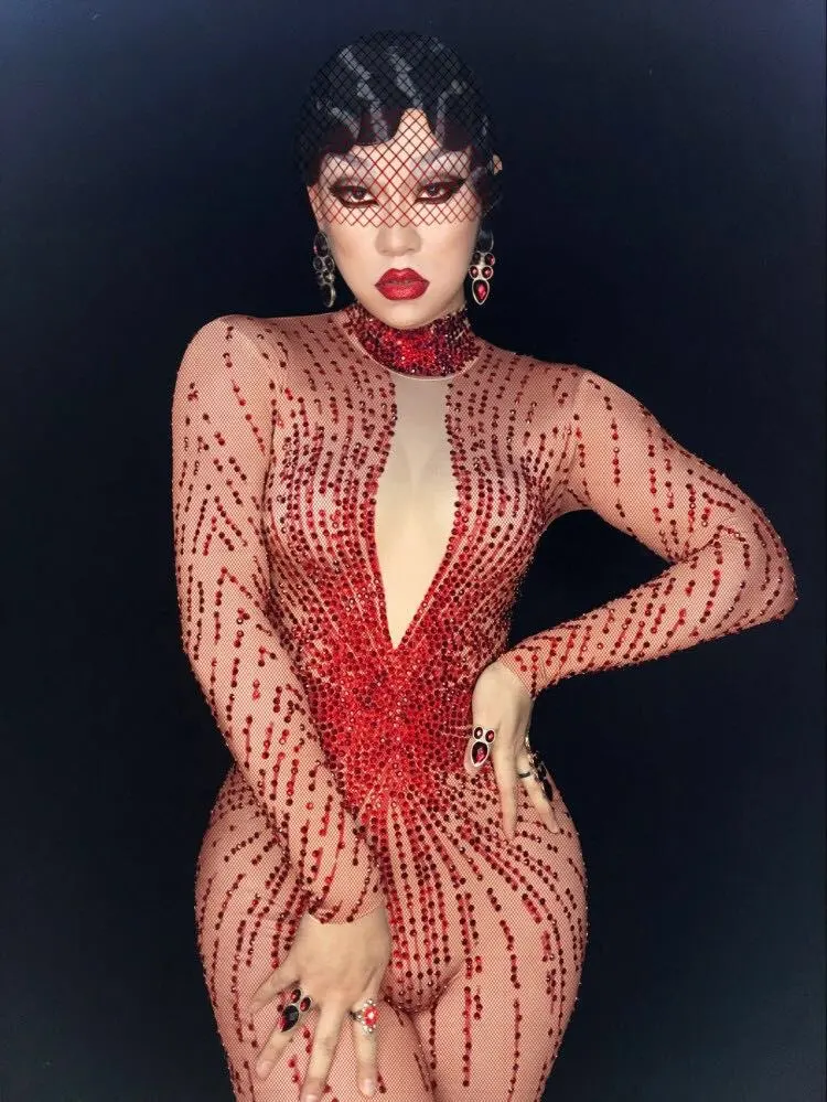 Sexy Evening Red Rhinestones Jumpsuit Women's Stretch Jumpsuit Outfit Full Stone Bodysuit Sparkly Rhinestones Stage Costume