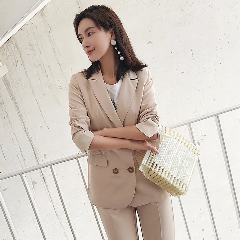 Elegant Double Breasted Women Pant Suit Slim Blazer &amp Elastic Waist Pencil OL Style 2 Pieces Set 2018 Autumn | Женская одежда