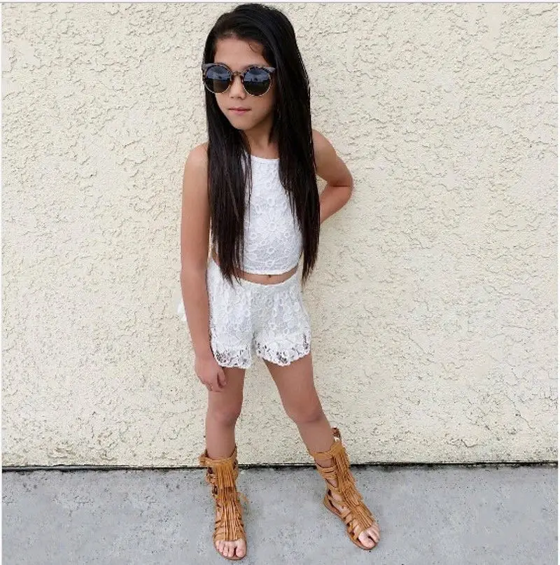 

Toddler Baby Girls Clothes Kids Summer Floral Lace Sleeveless Tops Shirt Shorts Outfits Set