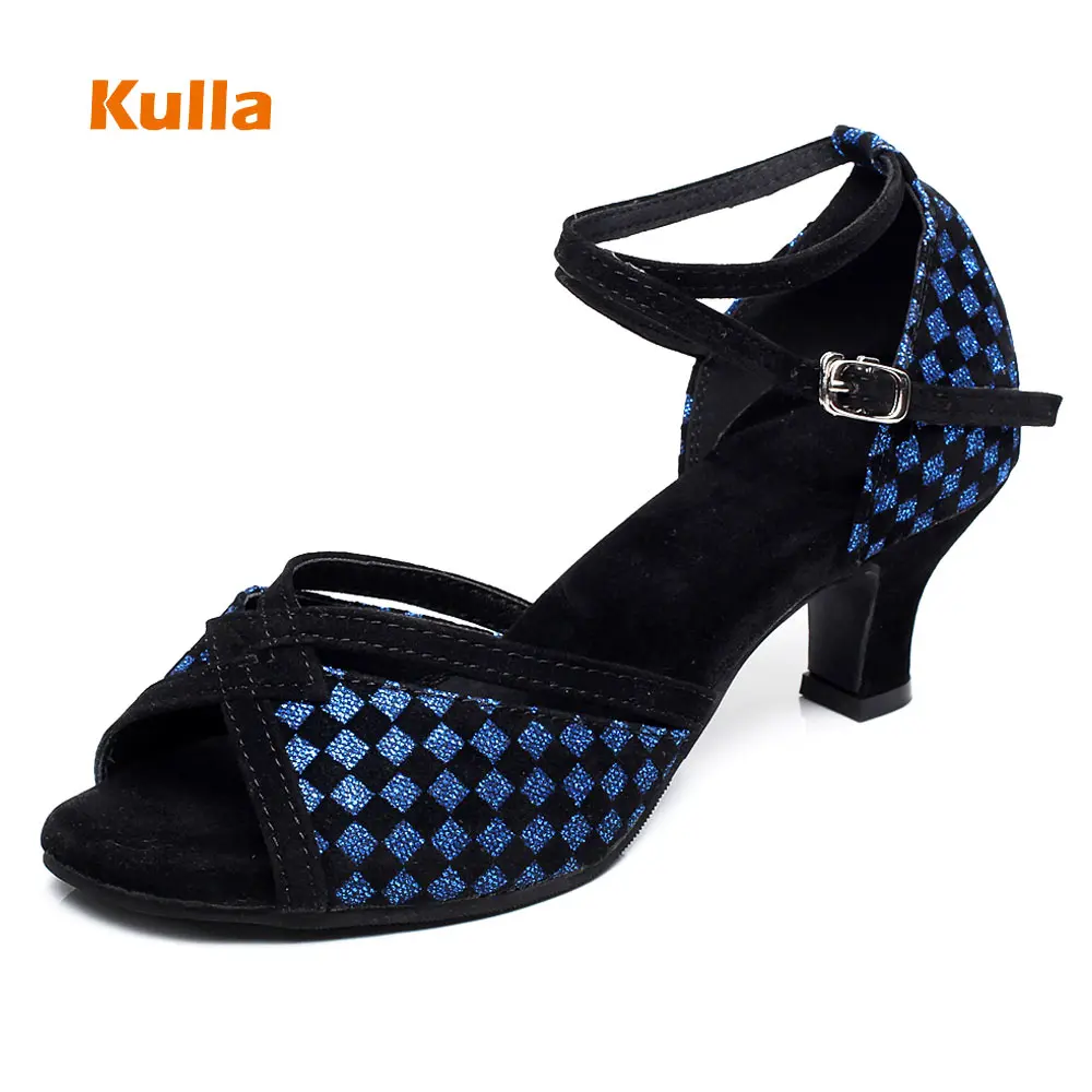 Women Salsa Dance Shoes Silver Navy Blue Latin Dance Shoes Soft Outsole Girls Ballroom Tango Dance Shoes Ladies Sandals Heels