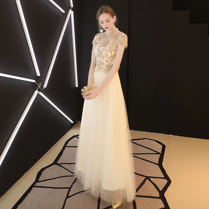 Женское вечернее платье SSYFashion элегантное банкетное цвета шампанского кружевные