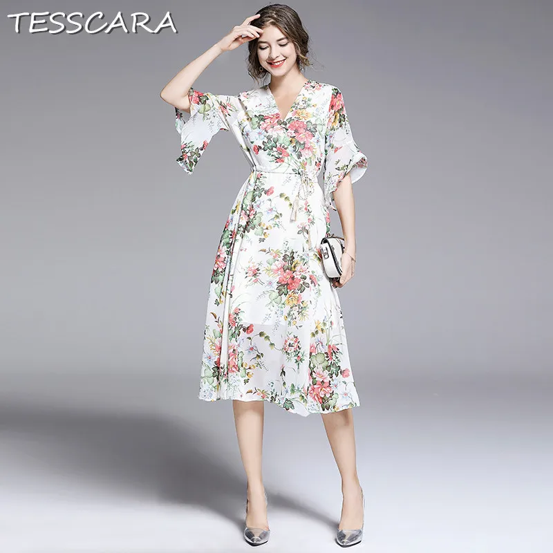 TESSCARA, женское летнее шифоновое платье с цветочным рисунком, праздничное, женское, высокое качество, для офиса, вечерние, женское, элегантное, с v-образным вырезом, дизайнерское, Vestidos