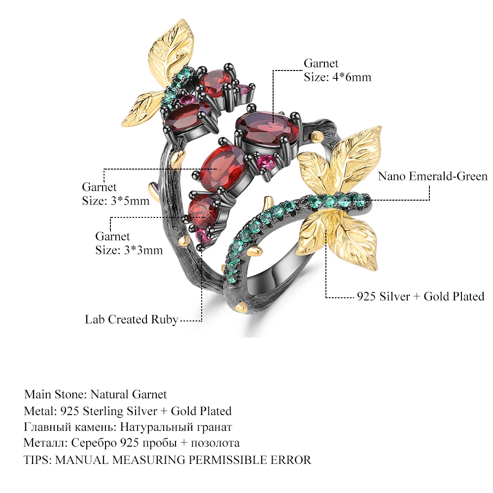 

GEM'S BALLET 925 Sterling Silver Original Design Ring 1.81Ct Natural Garnet Branch Butterfly Rings for Women Wedding Jewelry