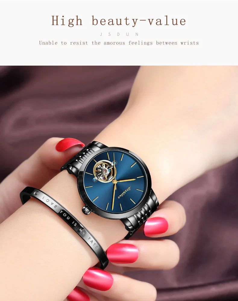 JSDUN автоматические механические часы женские Tourbillon наручные часы из тонкой стали женские наручные часы для дам Наручные часы