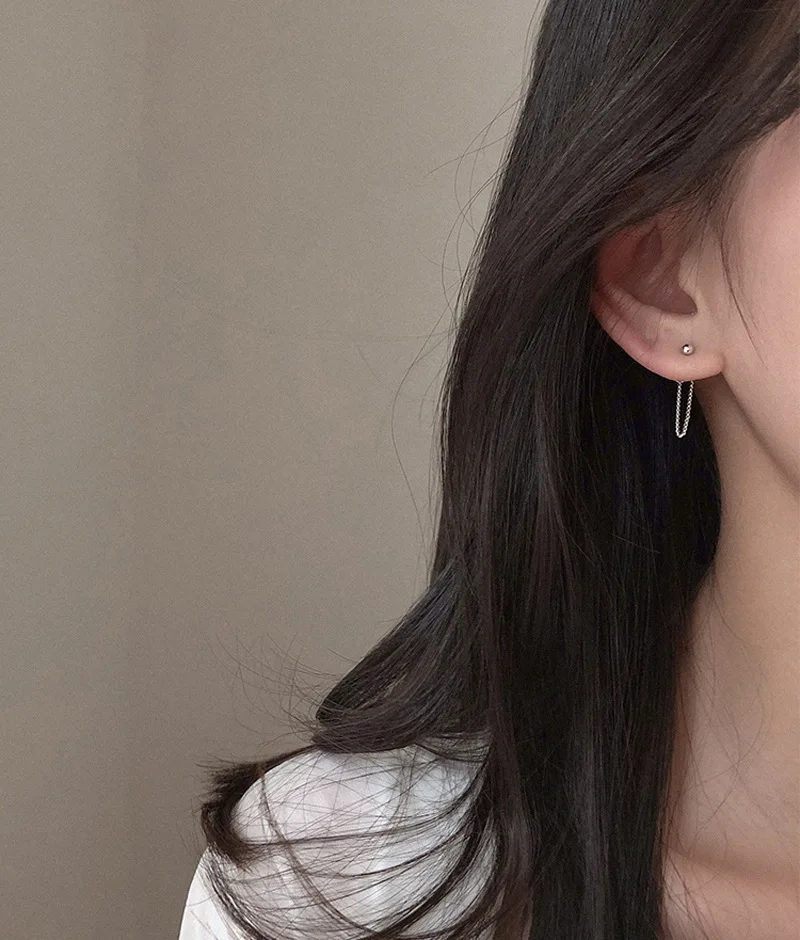 Серебряные круглые серьги-гвоздики с бусинами и цепочкой 925, оригинальные серьги с задней подвеской для женщин, минималистичное ювелирное изделие в подарок