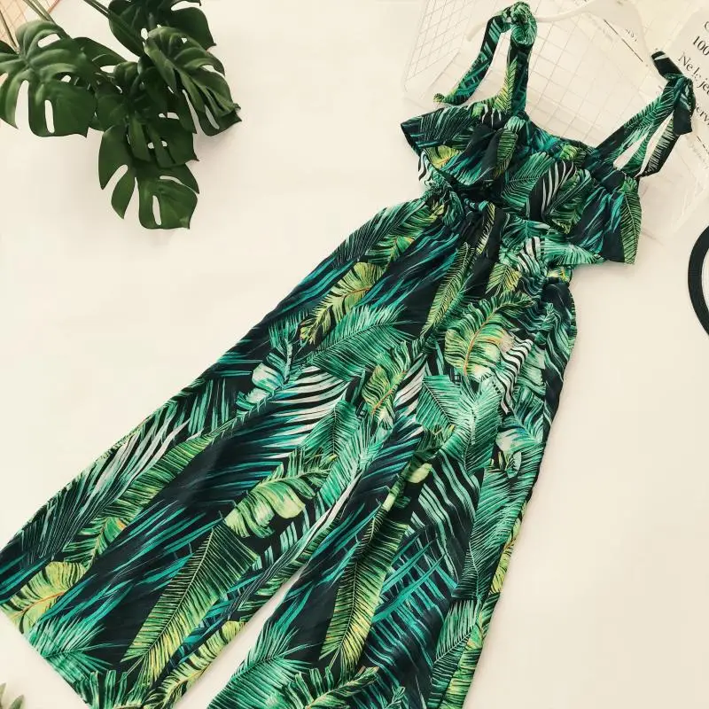 Женский шифоновый пляжный комбинезон без рукавов зеленый с рюшами и принтом