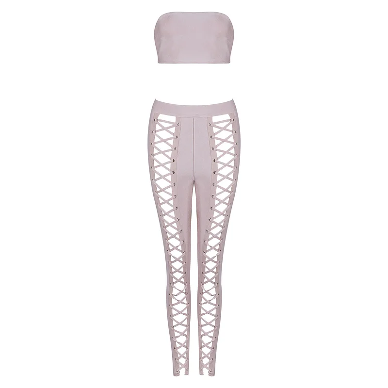 2017 New Sexy Women Black Beige Strapless Off The Shoulder Two Piece Hollow Out Full Length Bodycon Bandage Jumpsuits Hot Sale | Женская