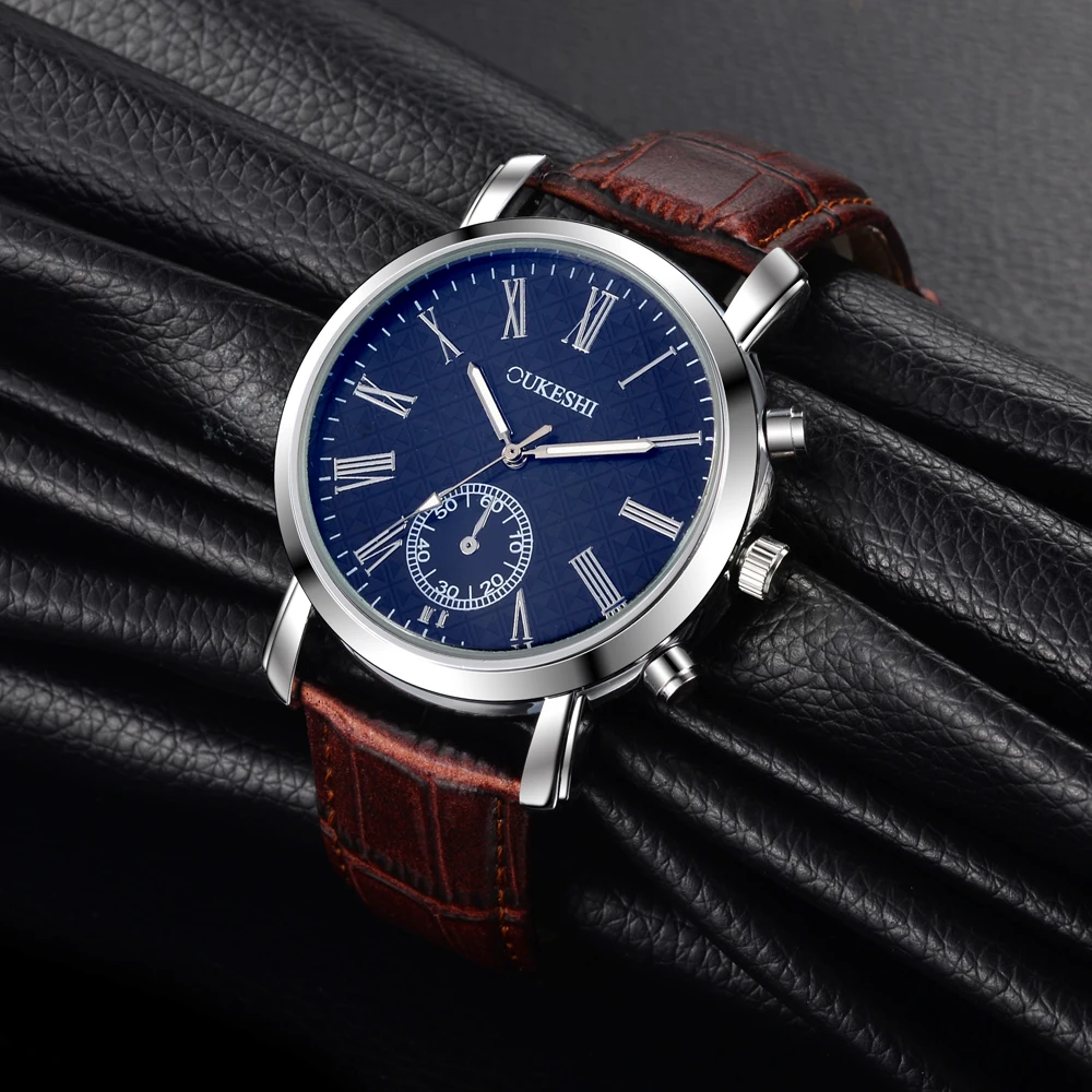 OUKESHI мужские часы в римском стиле Топ бренд Роскошный кожаный ремешок кварцевые