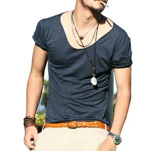 Мужская облегающая футболка, Однотонная футболка с коротким рукавом и V-образным вырезом, лето 2019, S-XXL, Прямая поставка ABZ245