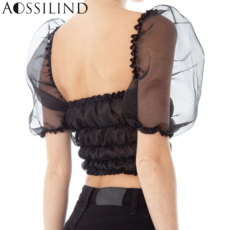 AOSSILIND прозрачный Ruched укороченный Топ для женщин короткий рукав белый черный