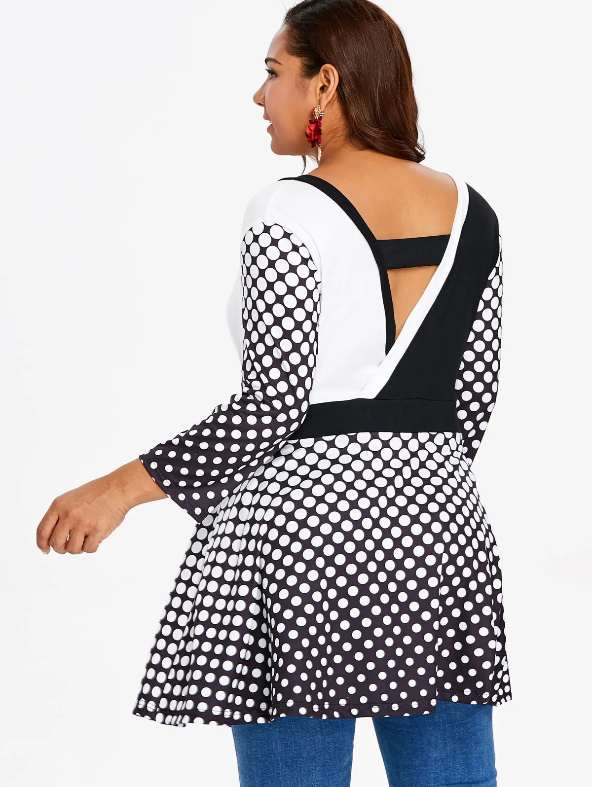 Wipalo Plus Size 5XL Long Sleeve Peplum T-Shirt Polka Dot Open Back Tunic Deep V Neck Surplice Tee Big Women Tops | Женская одежда