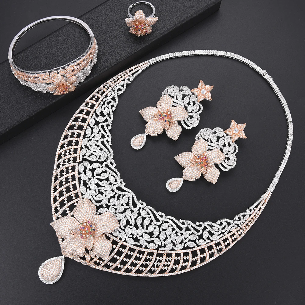 

LARRAURI 4PCS Statement Flower Women Bridal Wedding Jewelry Sets Collar Necklace Dangle Earrings Bangle Ring Jewelry Sets 2019