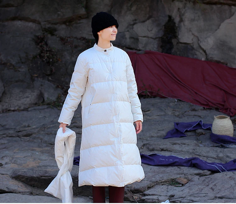 LinenAll оригинальный зимний плотный хлопковый белый длинный теплый пуховик с V